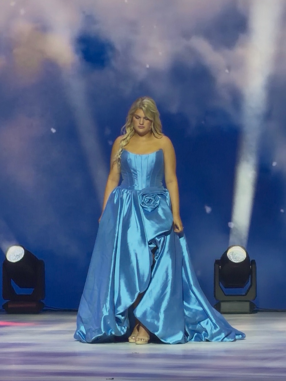 Sherri Hill Strapless Satin Ball Gown in Bright Blue with Rosette - Picture 1 of 4